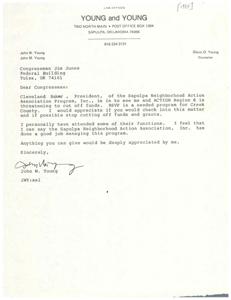 Letter from a constituent to Congressman James R. Jones regarding the possibility of ACTION cutting off funds to the Sapulpa Neighborhood Action Association Program