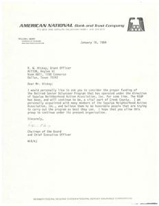Letter from the Chairman of the Board and Chief Executive Officer of American National Bank and Trust Company in Sapulpa, OK, to the ACTION Region VI Grant Officer regarding the possible discontinuation of the Sapulpa Neighborhood Action Association, 1984-01-16