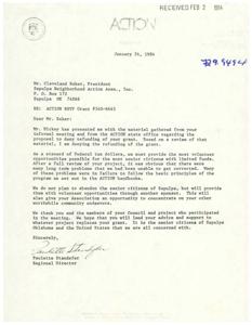 Letter from the Regional Director of ACTION Region VI to the President of the Sapulpa Neighborhood Action Association informing the Sapulpa NAA that their ACTION grant has not been renewed, 1984-01-24