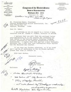 Correspondence between the Director of ACTION, Congressman James R. Jones, and the President of the Sapulpa Neighborhood Action Association regarding the denial of the Sapulpa NAA&#39;s ACTION Grant renewal request, 1984-02-17