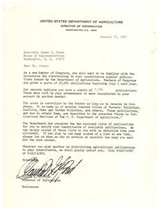 Letter from the Director of Information for the United States Department of Agriculture to Congressman James R. Jones regarding the distribution of publications by the USDA, 1973-01-17
