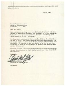 Letter from the Director of Communication for the United States Department of Agriculture to Congressman James R. Jones, 1973-07-01