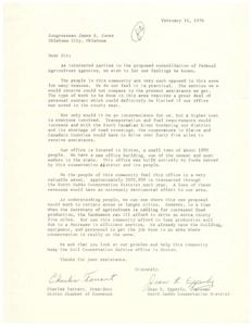 Letter from the President of the Hinton Chamber of Commerce and the Chairman of the North Caddo Conservation District to Congressman James R. Jones regarding the proposed consolidation of Federal Agriculture Agencies, 1973-11-14