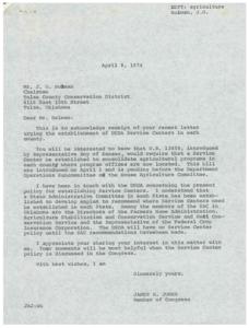 Correspondence between the Chairman of the Tulsa County Conservation District and Congressman James R. Jones regarding the establishment of USDA Service Centers in Oklahoma, 1974-04-05