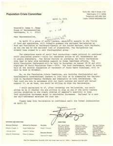 Letter from the Population Crisis Committee to Congressman James R. Jones regarding the presentation their Declaration of Food and Population to the Secretary General of the United Nations, 1974-04-08