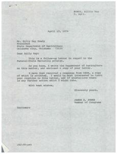 Correspondence between the President of the Oklahoma State Department of Agriculture and Congressman James R. Jones regarding the USDA Federal, 1974-03-25