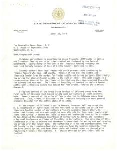 Letter from the President of the Oklahoma State Department of Agriculture to Congressman James R. Jones regarding federal regulations of cattle and livestock feeding, 1974-04-24