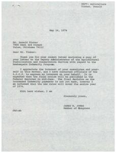 Letter from Mr. Donald Tinker to Congressman James R. Jones and enclosed letter to the Deputy Administrator of the United States Agricultural Stabilization and Conservation Service regarding federal regulations effecting the beekeeping profession, 1974-05-08