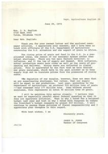 Letter and attached Newspaper articles from a constituent regarding the rising prices of grain &amp; feed domestically as well as the United States&#39; export of grain &amp; feed to parts of Africa, 1974-06-15