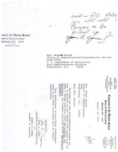 Letter from an Administrative Assistant to Congressman James R. Jones to a representative of the USDA Office of Communications regarding franking mail, 1974-08-21