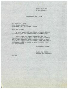 Letters from Congressman James R. Jones to both the USDA Office of Communications and a constituent regarding the constituent&#39;s request for USDA Agriculture Bulletins, 1974-09-23