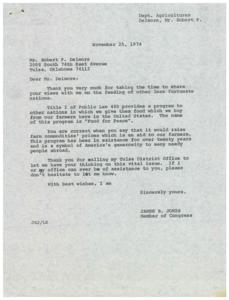 Letter from Congressman James R. Jones to a constituent regarding the role of the United States in feeding impoverished nations, 1974-11-21