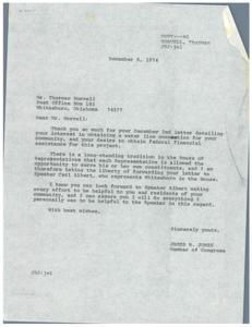 Correspondence between a constituent and Congressman James R. Jones regarding the appropriation of federal funds to the project of bringing a water line connection to Whitesboro, Oklahoma, 1974-11-23