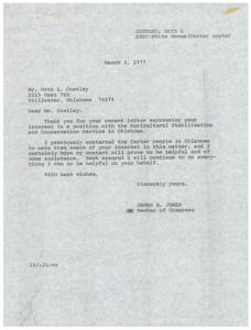 Correspondence between a constituent and Congressman James R. Jones regarding the constituent&#39;s interest in a position with the Agricultural Stabilization and Conservation Service in Oklahoma, 1977-02-12