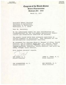 Letter from Members of the Oklahoma Congressional Delegation to the United States Secretary of Agriculture regarding recommendations from the delegation for the five, 1977-01-01 - 1977-12-31