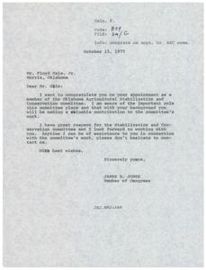 Letter from Congressman James R. Jones congratulating a newly, 1977-10-15
