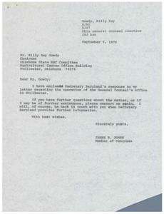 Correspondence between the United States Secretary of Agriculture, the Chairman of the Oklahoma State ASC Committee, and Congressman James R. Jones regarding the operation of the General Counsel&#39;s office in Stillwater, OK, 1978-08-29