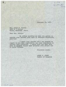 Mrs. Wintel and Mrs. Moore called Congressman Jones about Veterans pensions., 1973-02-23