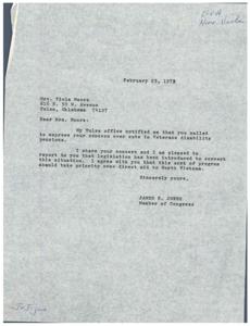 Mrs. Moore concerned about cuts in Veterans pensions, Congressman agrees., 1973-02-23