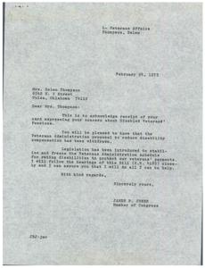 Congressman Jones supports protecting Disabled Veterans&#39; Pensions and will assist., 1973-02-24