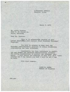 Mr. Perkins concerned about reduced disability compensation for veterans, reassured., 1973-03-05