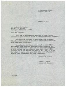 Mr. Hughes expressed concern about disabled veterans&#39; pensions to Congressman Jones., 1973-03-07