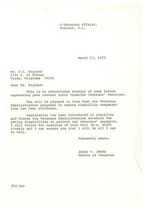 Response to concern about Disabled Veterans&#39; Pensions, reassurance and support., 1973-03-13