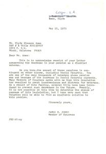 Disabled veteran writes to Congressman about decrease in pension, seeks solution., 1973-05-15