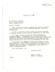 Congressman Jones responds to Goodwin&#39;s support for veterans&#39; compensation bills., 1974-01-15