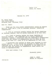 Congressman Jones responds to support for veterans&#39; disability compensation bills., 1974-01-16