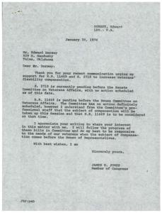 Congressman Jones responds to Dorsey&#39;s request for increased veterans&#39; compensation., 1974-01-22