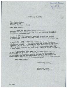 Congressman Jones responds to request for support for veterans&#39; compensation bills., 1974-02-04