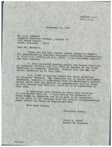 Jones responds to Ashford&#39;s concerns about veterans&#39; disability compensation legislation., 1974-02-12