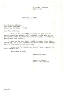 Congressman Jones thanks Alderson for support and promises to consider veterans&#39; bills., 1974-02-25
