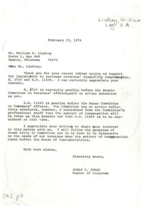 Congressman Jones acknowledges support for veterans&#39; disability compensation legislation., 1974-02-25