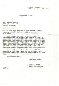 Kenneth Howard asked about H.R. 1039, bill for disabled veterans&#39; compensation. Congressman Jones promised support., 1974-03-26
