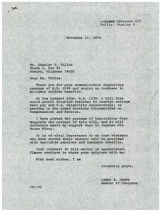 Jones responds to Tullos&#39; support for bill benefiting disabled military retirees., 1974-11-19