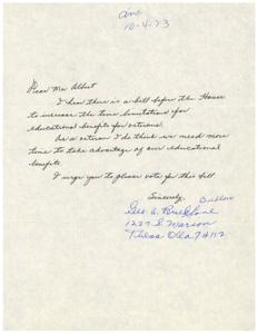 Letter urges Mn. Albert to vote for bill extending veterans&#39; educational benefits., 1973-02-24