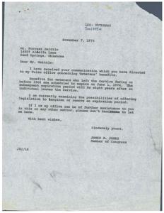 Congressman Jones seeks to extend Veterans&#39; benefits expiring in 1974., 1973-11-07