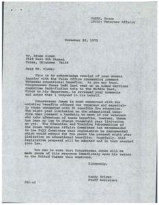 Bruce Olsen expressed concern about limited educational benefits for veterans., 1973-11-16