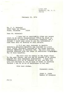 Congressman informs veteran of increased education benefits and eligibility extension., 1974-02-12
