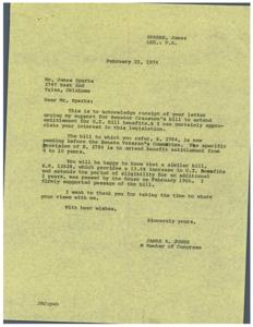 Sparks urges Congressman Dorn to support bill aiding veterans&#39; education., 1974-02-11