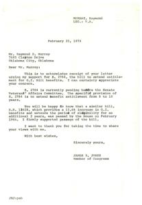 Murray urged support for bill, Jones responded with gratitude and update., 1974-02-25
