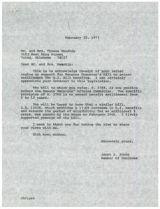 Manships wrote to Congressman Jones supporting G.I. Bill extension, acknowledged., 1974-02-25