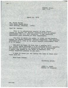 Bruce Murray urges Congressman Jones to support bill extending G.I. Bill benefits for veterans., 1974-02-23