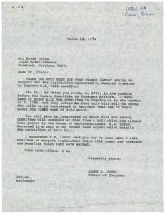 Crain wrote to Jones about G.I. Bill, Jones supports veterans., 1974-03-19