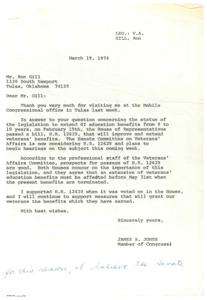 Congressman thanks Ron Gill for update on GI education benefits., 1974-03-19