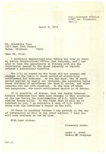 Congressman Jones wrote to Ms. King about veterans&#39; educational benefits., 1974-04-09