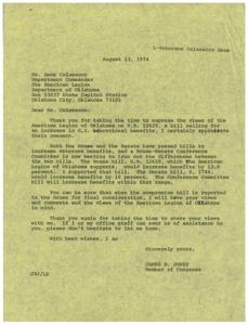 Jones thanks Colasacco for views on bill, promises to consider., 1974-08-08
