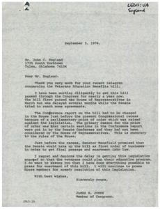 Congressman Jones thanks Mr. England for supporting Veterans Education Benefits., 1974-09-05